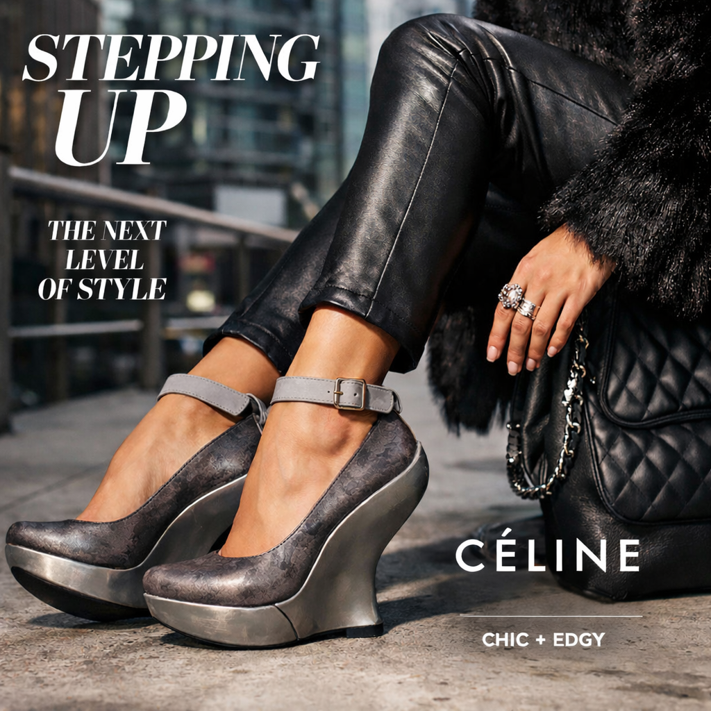 Celine Sculpted Wedge Grey Mottled Leather Ankle Strap Shoes UK 4