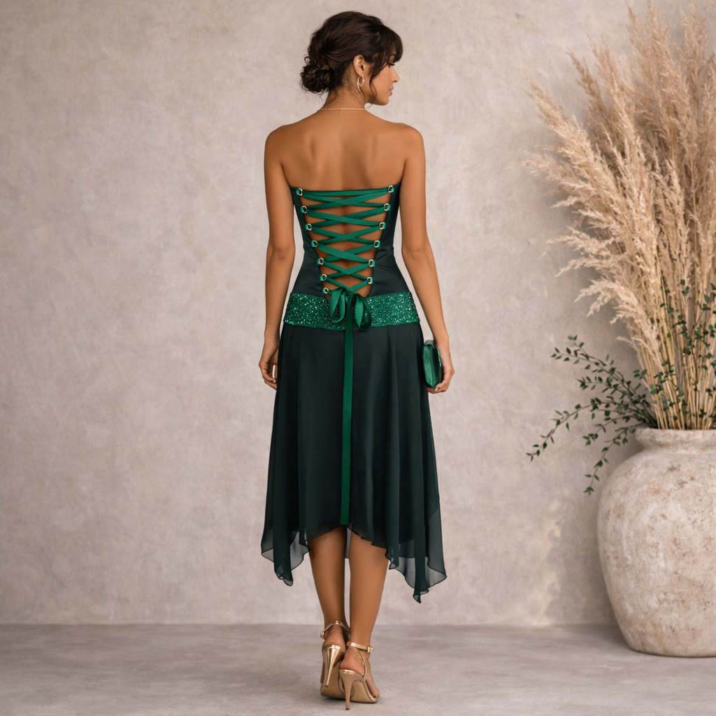 Charas Vintage Green Beaded Chiffon Backless Dress Suit UK 8