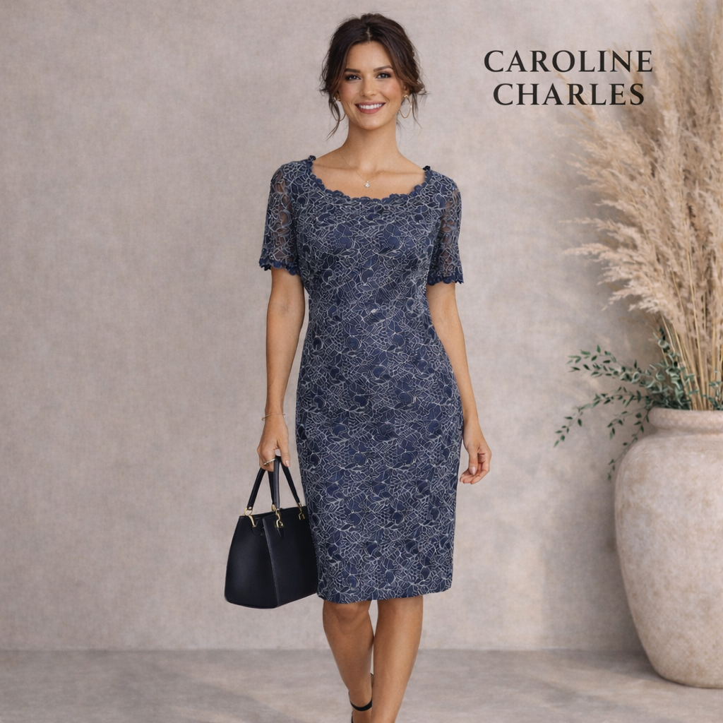 Caroline Charles Studio Air Force Blue Lace Short Sleeve Party Dress UK 10