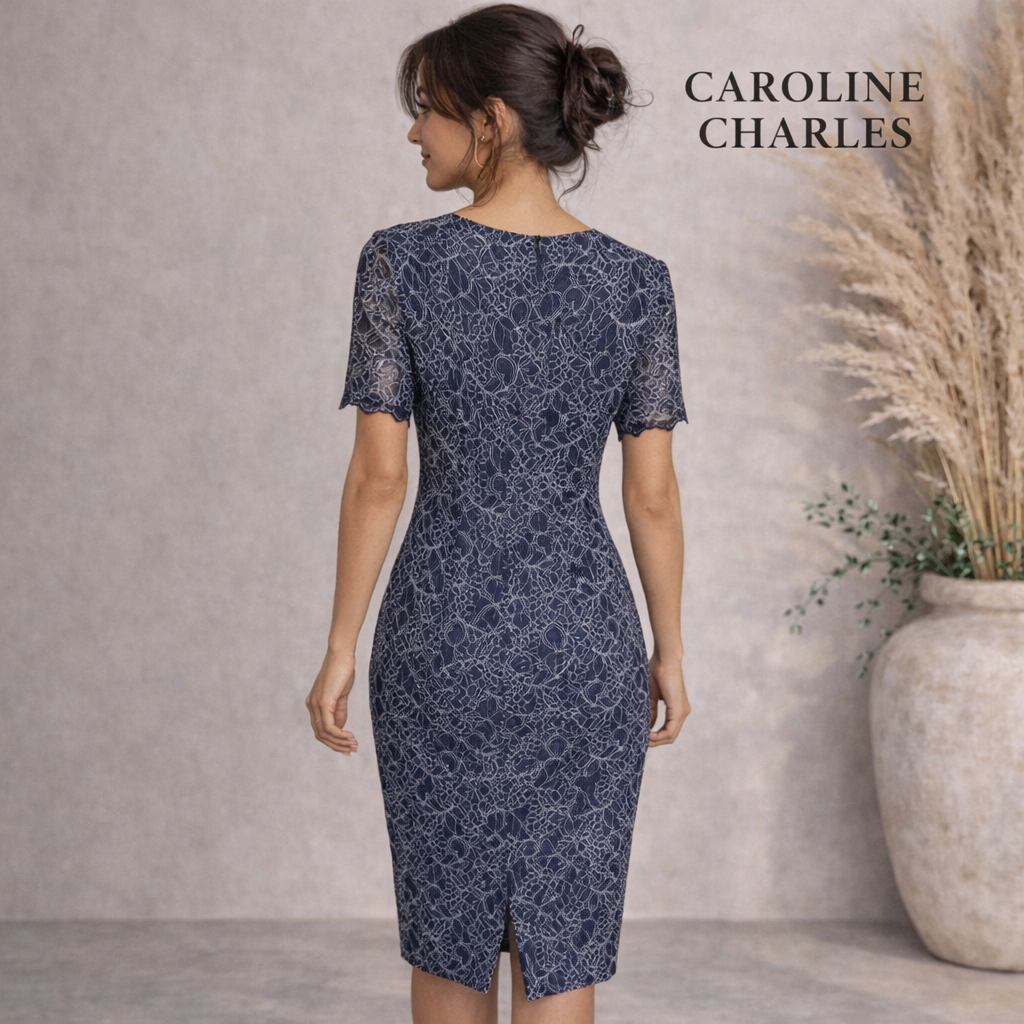 Caroline Charles Studio Air Force Blue Lace Short Sleeve Party Dress UK 10