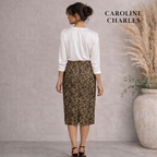 Caroline Charles Vintage Gold Brown Floral Shimmer Pencil Skirt UK 10