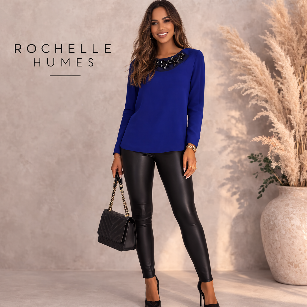 Rochelle Humes Blue Crepe Black Beaded Top UK 8