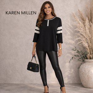 Karen Millen Black Cream Mesh Insert Stripe Sleeve Top UK 10