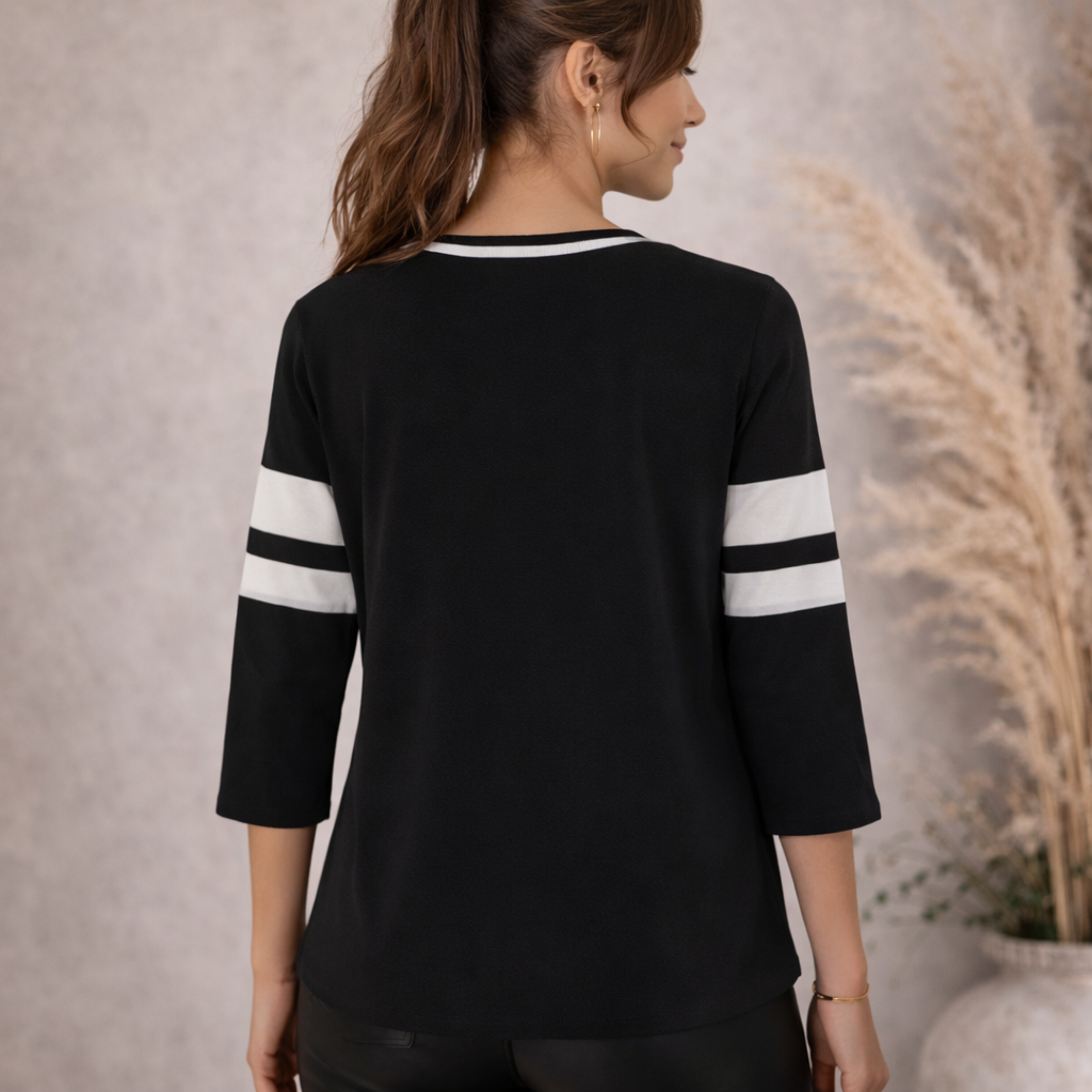 Karen Millen Black Cream Mesh Insert Stripe Sleeve Top UK 10