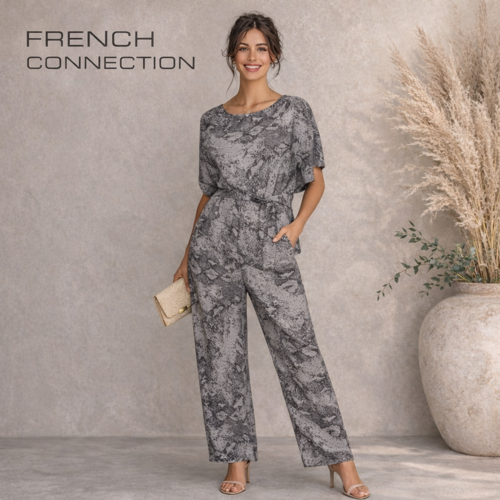 FRENCH CONNECTION Annikki Grey Crepe Reptile Jumpsuit UK 10