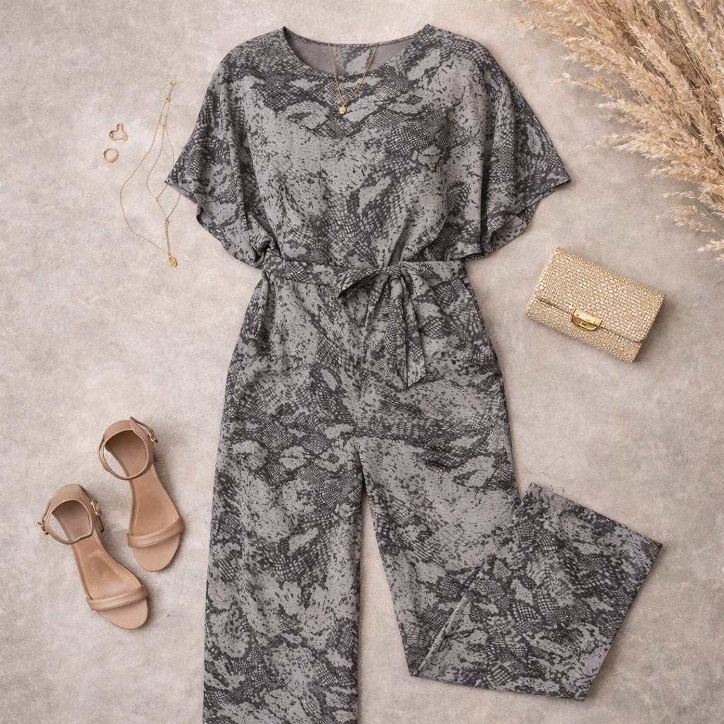 FRENCH CONNECTION Annikki Grey Crepe Reptile Jumpsuit UK 10