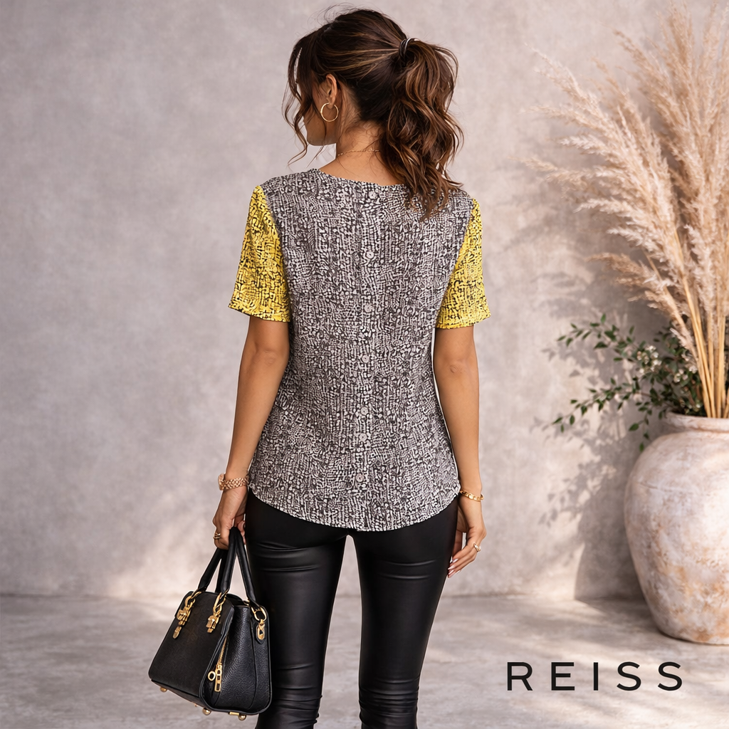 Reiss Jinny Grey & Yellow Reptile Print Silk Top UK 8