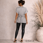 OSKA Light Grey Silver Crinkle Silk Wrap Top UK 8/10