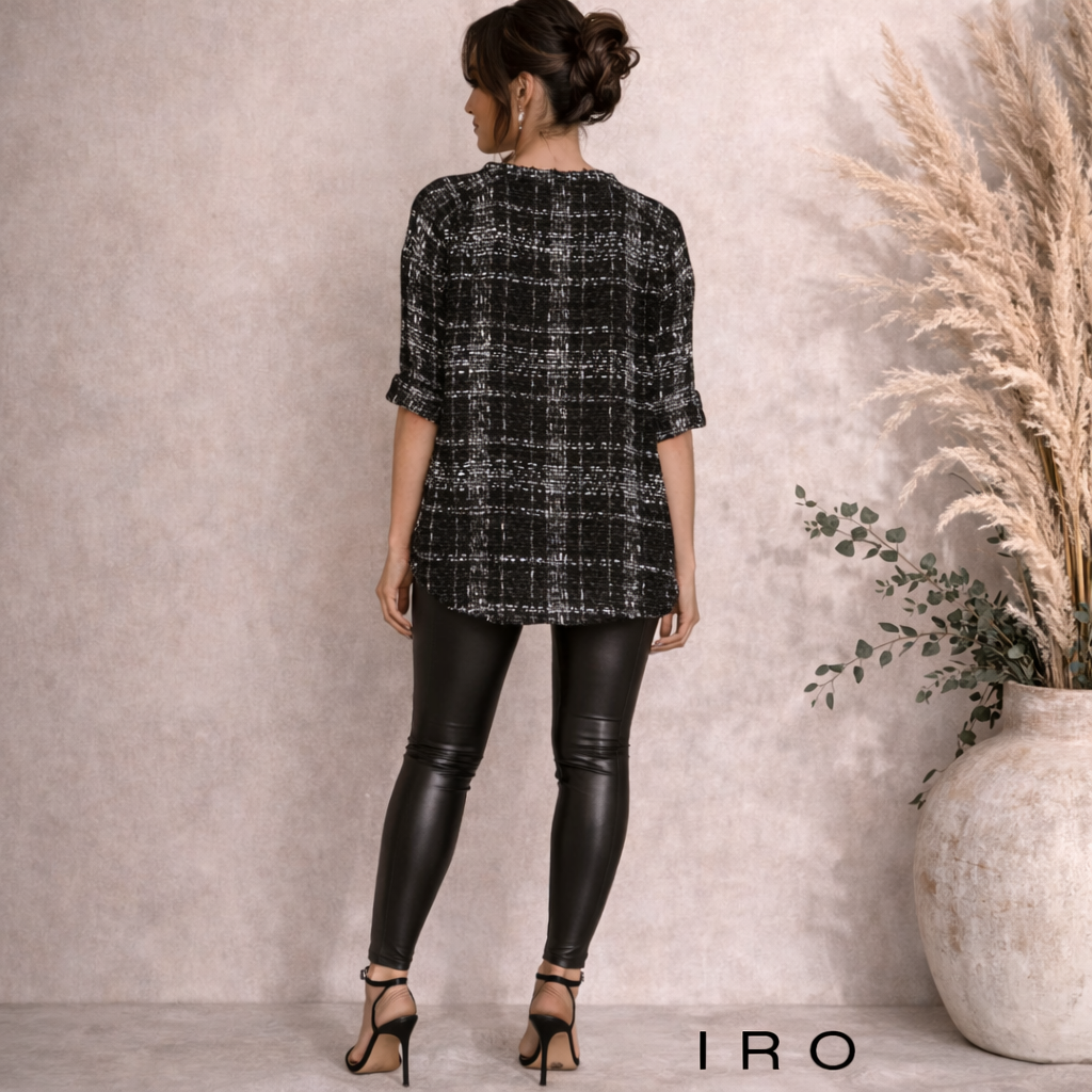 Iro Malini Black White Tweed Frayed Edge Short Sleeved Top UK 8