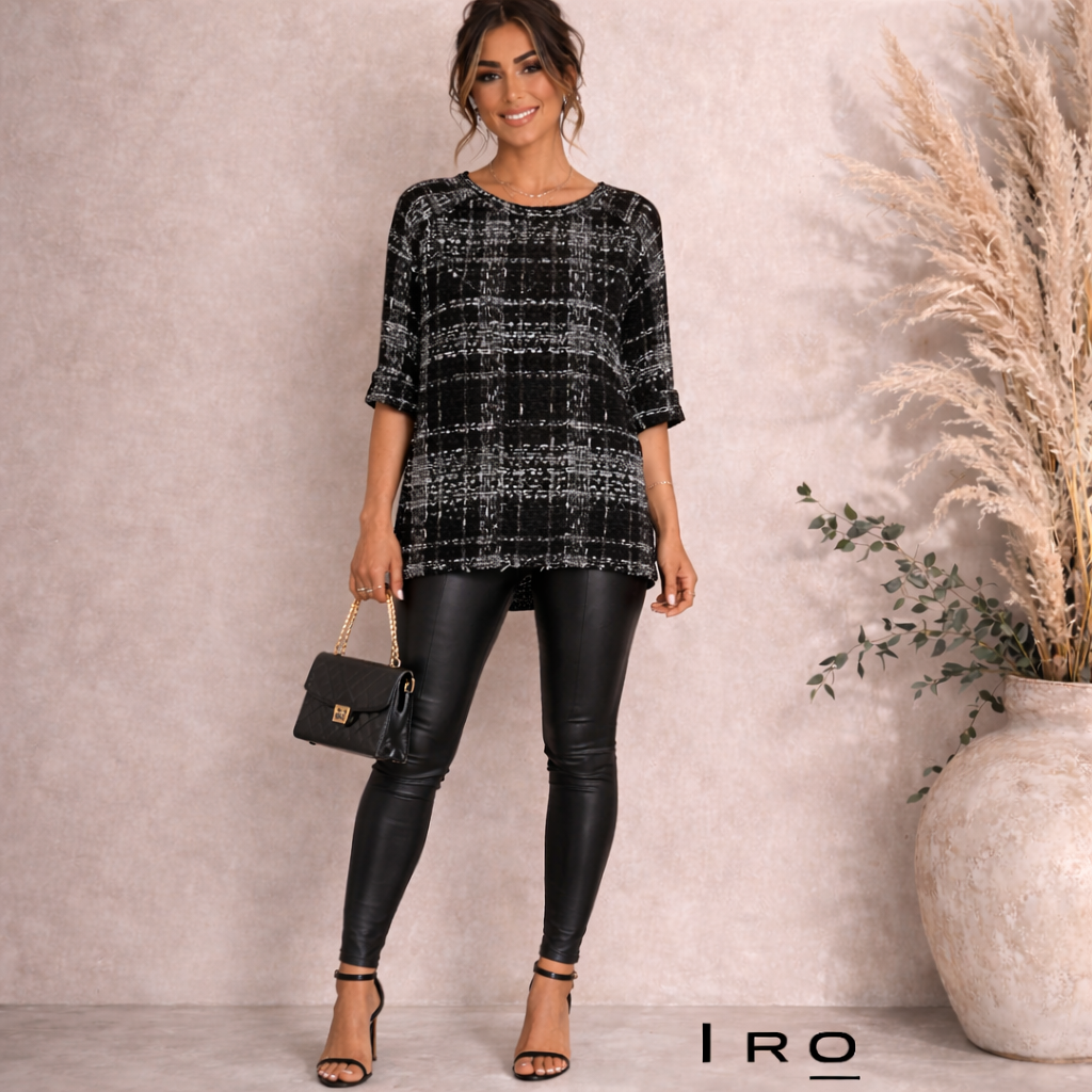 Iro Malini Black White Tweed Frayed Edge Short Sleeved Top UK 8