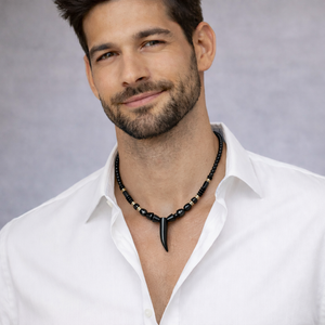 Mens Hematite Necklace with Hematite Fang Pendant