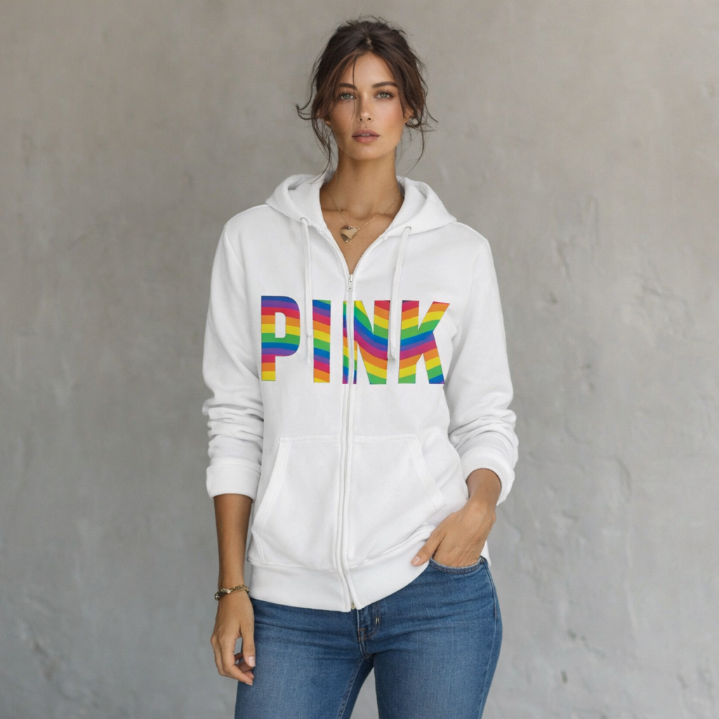 Victoria's Secret Rainbow PINK White Fleece Hoodie Size XS