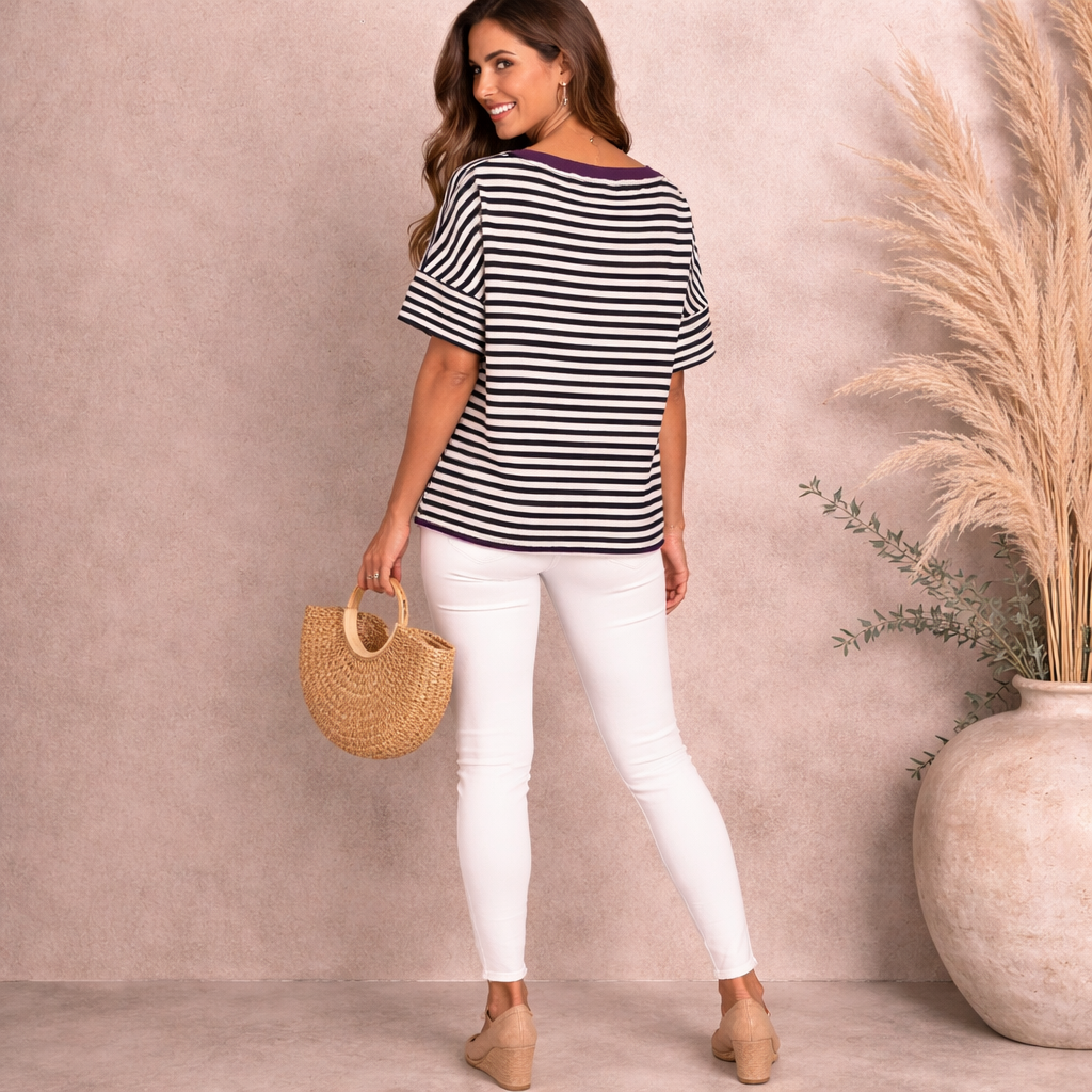 Pinko Navy Applique Striped Cotton Top UK 8
