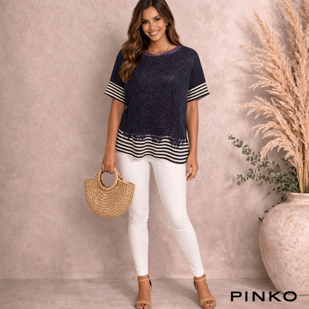 Pinko Navy Applique Striped Cotton Top UK 8