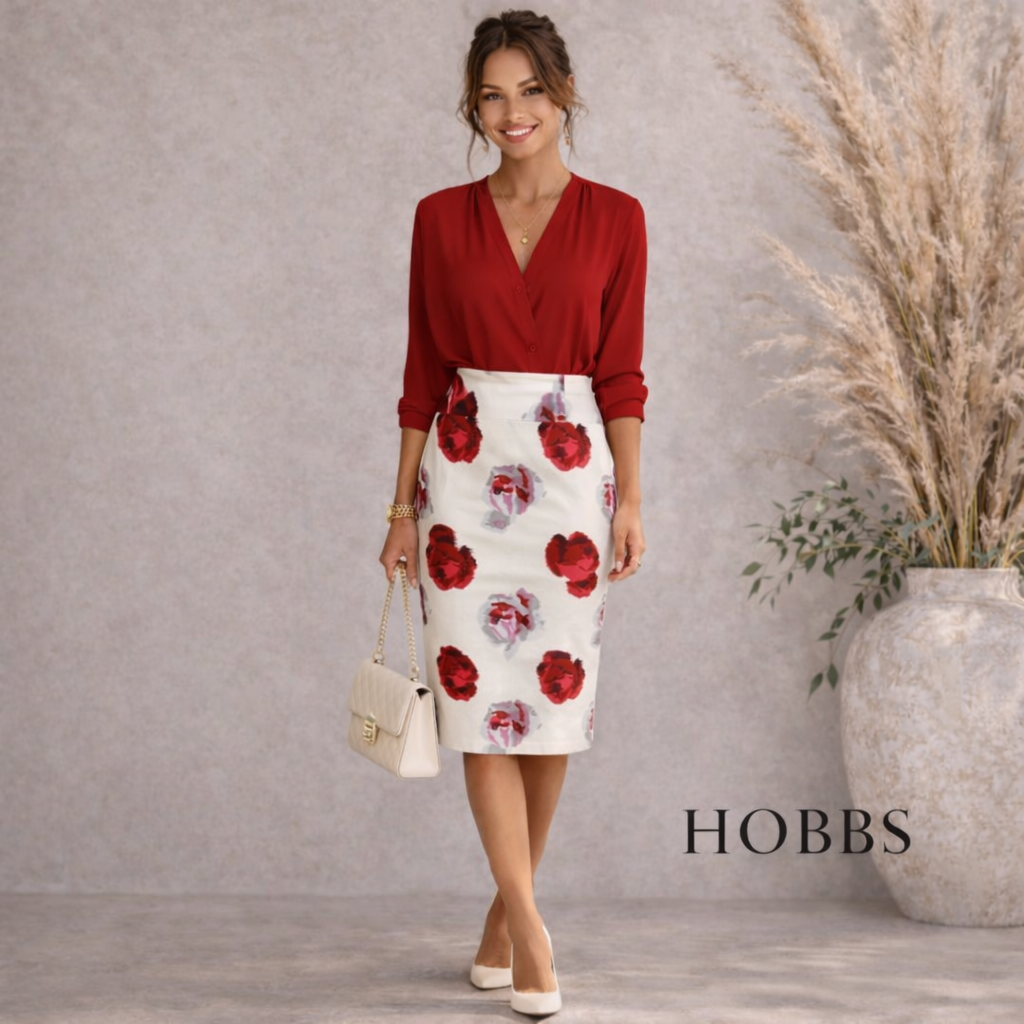 Hobbs Ivory Red Floral Cotton Sateen Skirt UK 14