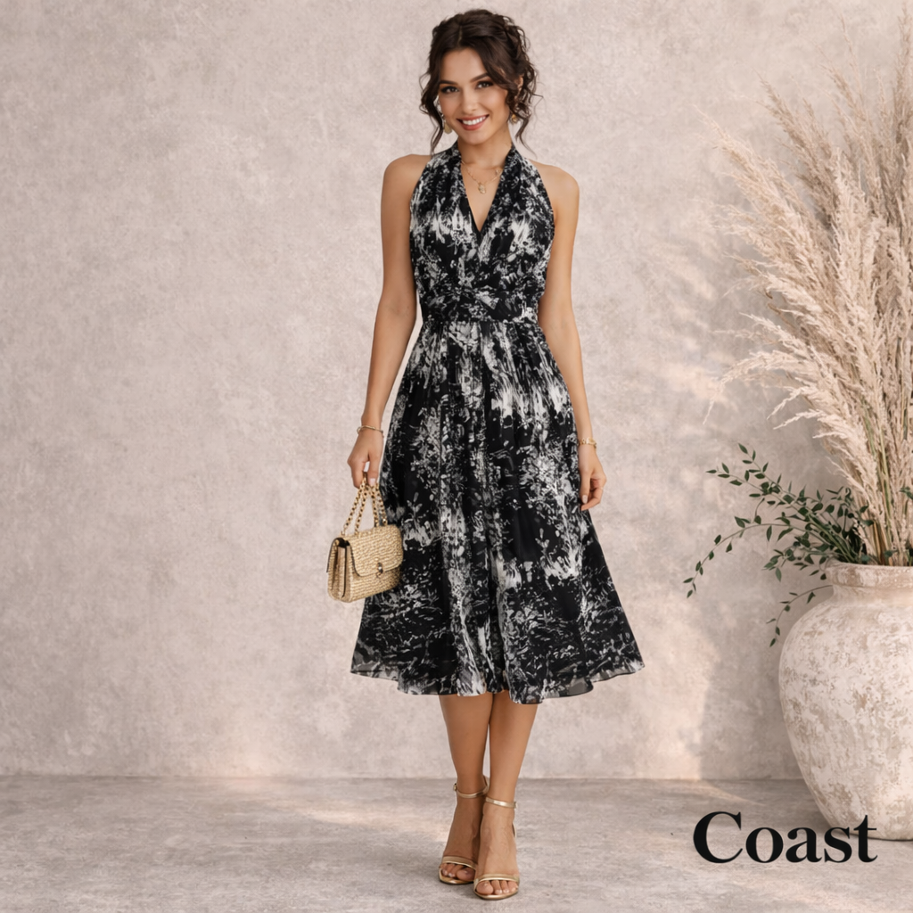 Coast Black Ivory Silk Print Fit & Flare Dress  UK 8