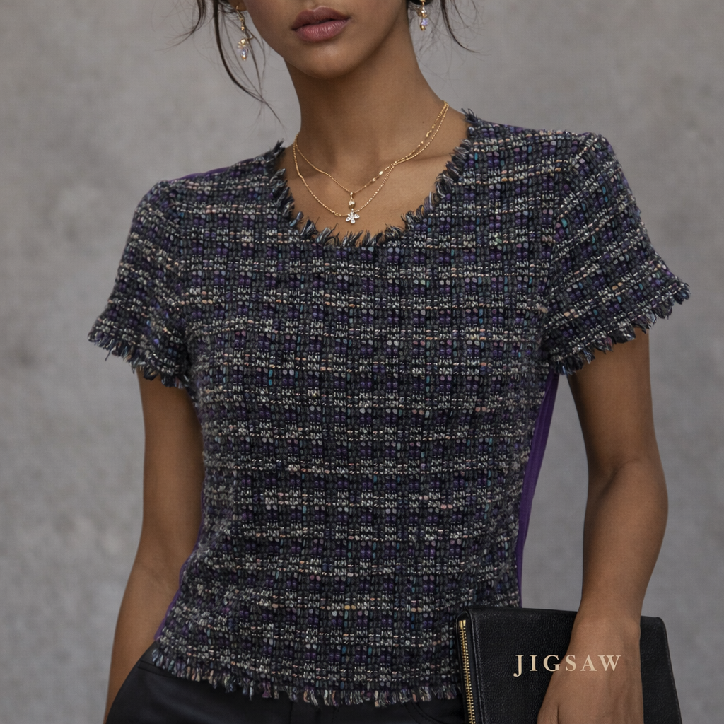 Jigsaw Tweed Front Silk Back Purple Top UK 10