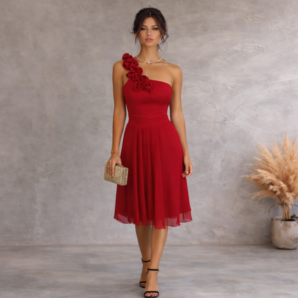 Next Red Chiffon One-Shoulder Dress UK 12