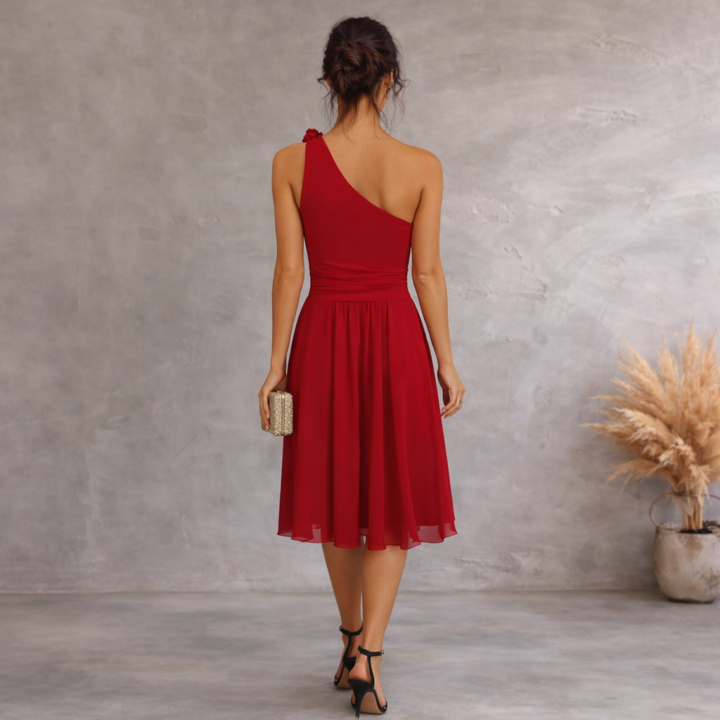 Next Red Chiffon One-Shoulder Dress UK 12