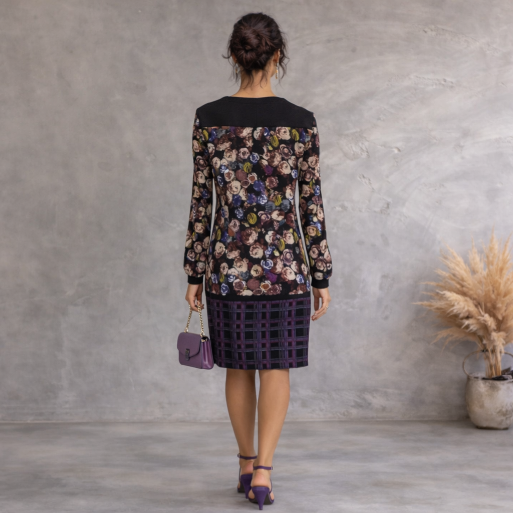 M&S Collection Purple Black Check & Floral Dress UK 14