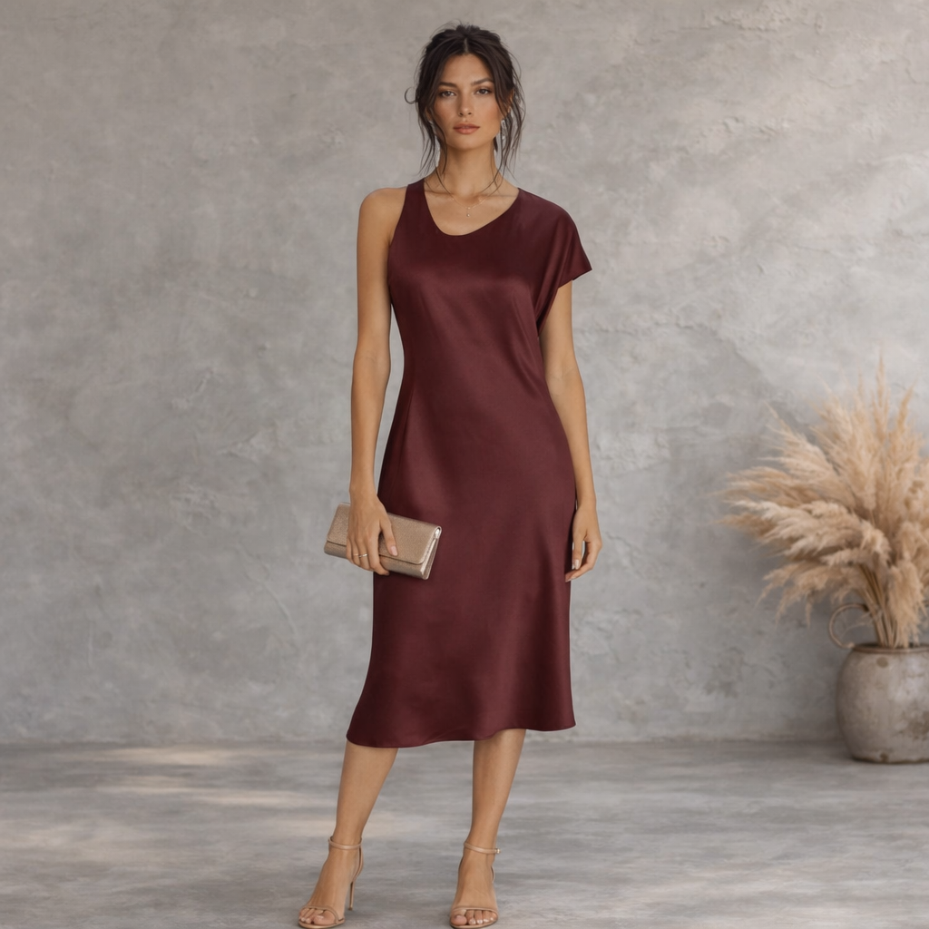 Zara Burgundy Asymmetrical Midi Silky Slip Dress UK 14
