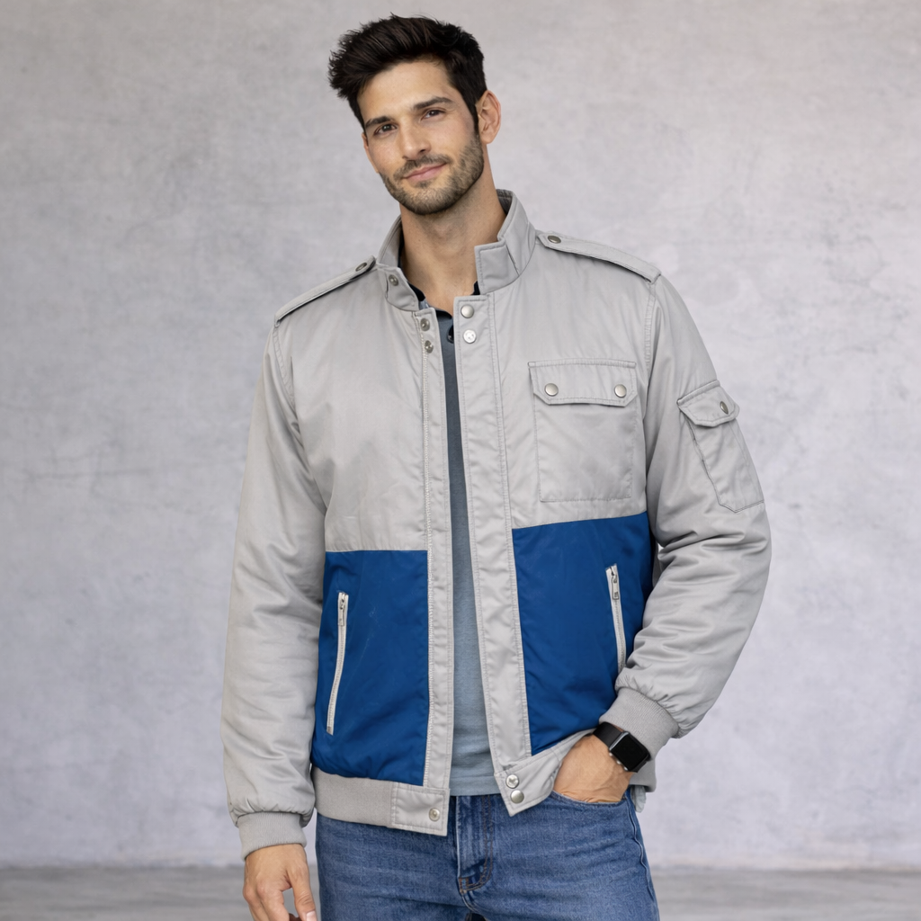 Topman Vintage Pale Grey & Blue Padded Zip Jacket Size M