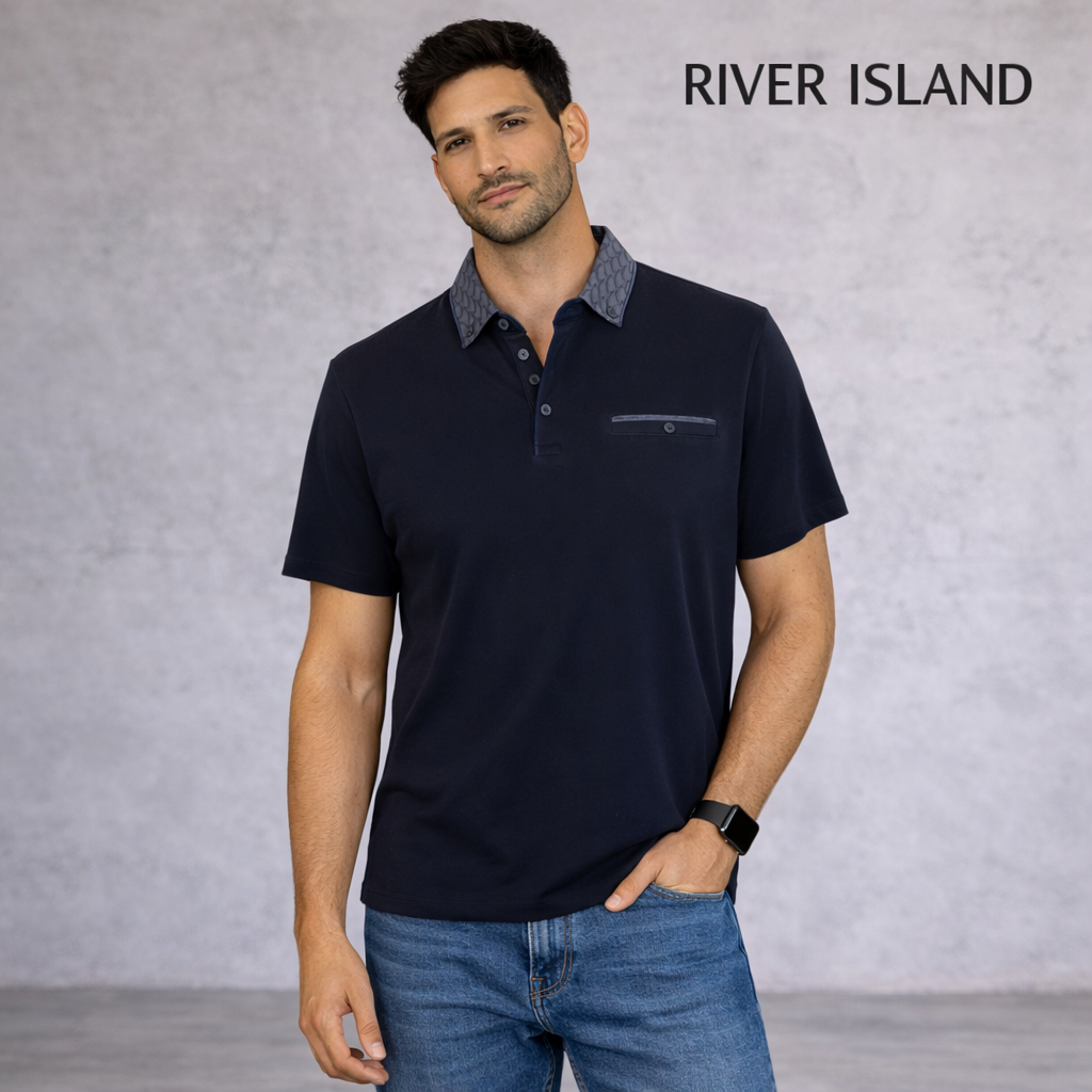 River Island Navy Cotton Polo Shirt Size Small