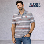 Tommy Hilfiger Grey White Red Striped Cotton Polo Shirt Size L
