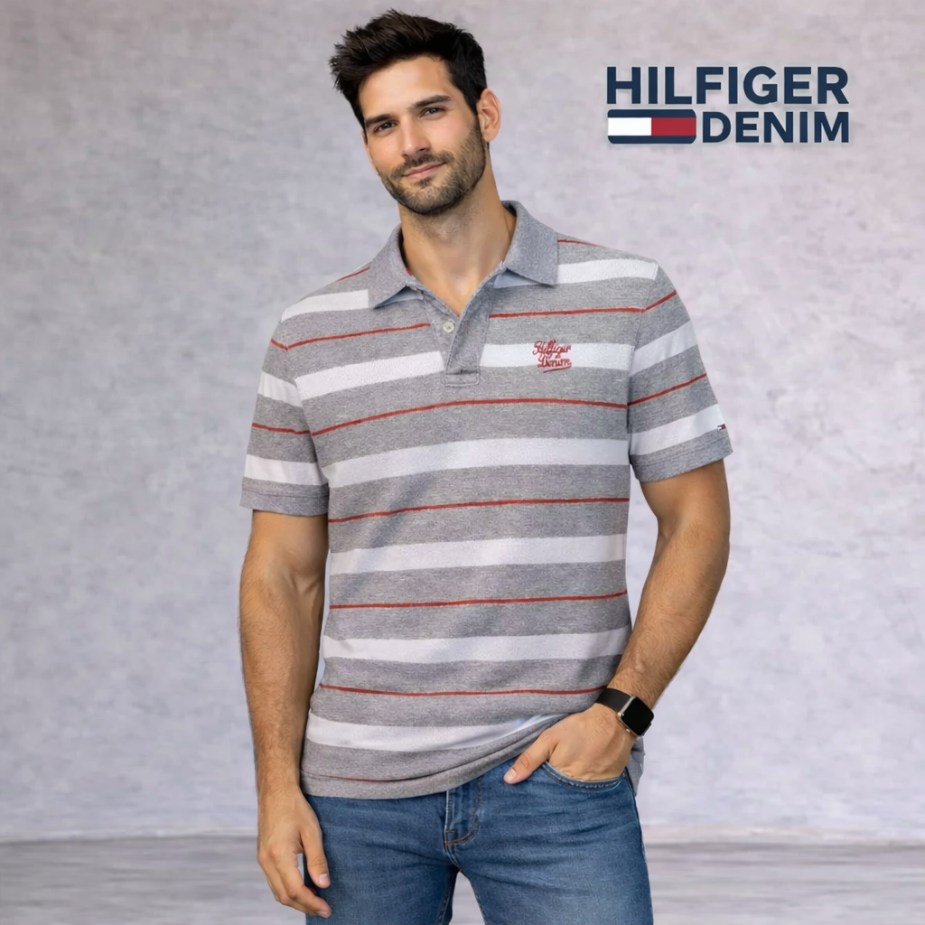 Tommy Hilfiger Grey White Red Striped Cotton Polo Shirt Size L