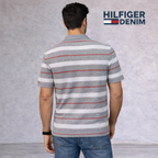 Tommy Hilfiger Grey White Red Striped Cotton Polo Shirt Size L