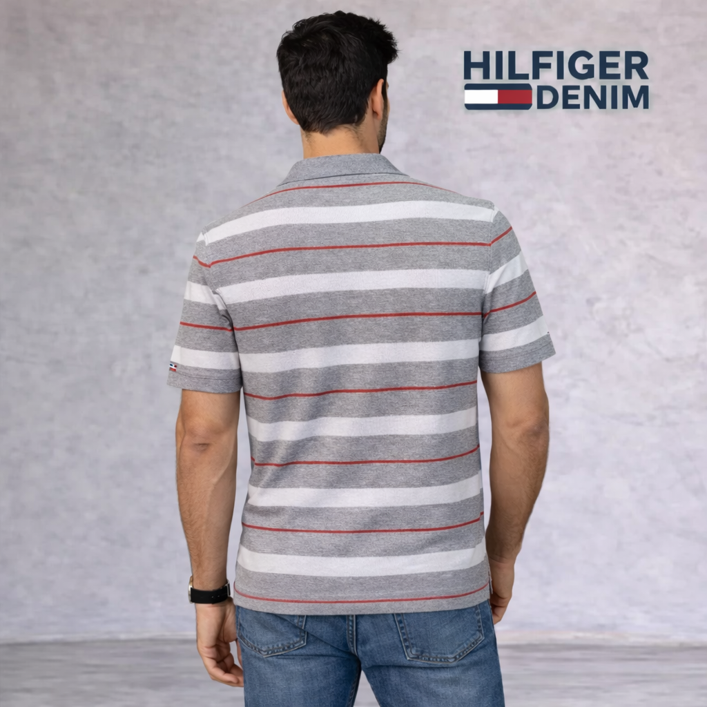 Tommy Hilfiger Grey White Red Striped Cotton Polo Shirt Size L