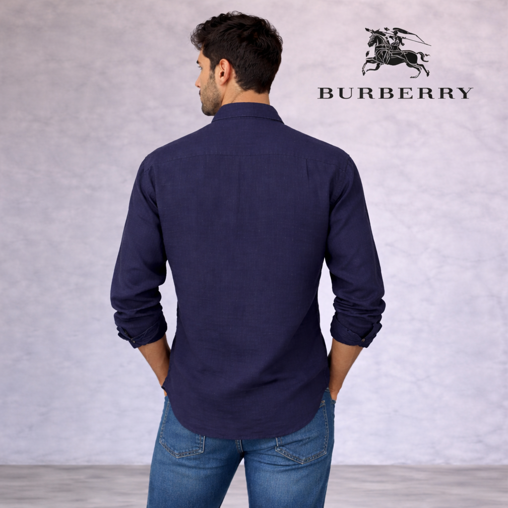 Burberry Mens Dark Blue 100% Linen Long Sleeve Shirt XL