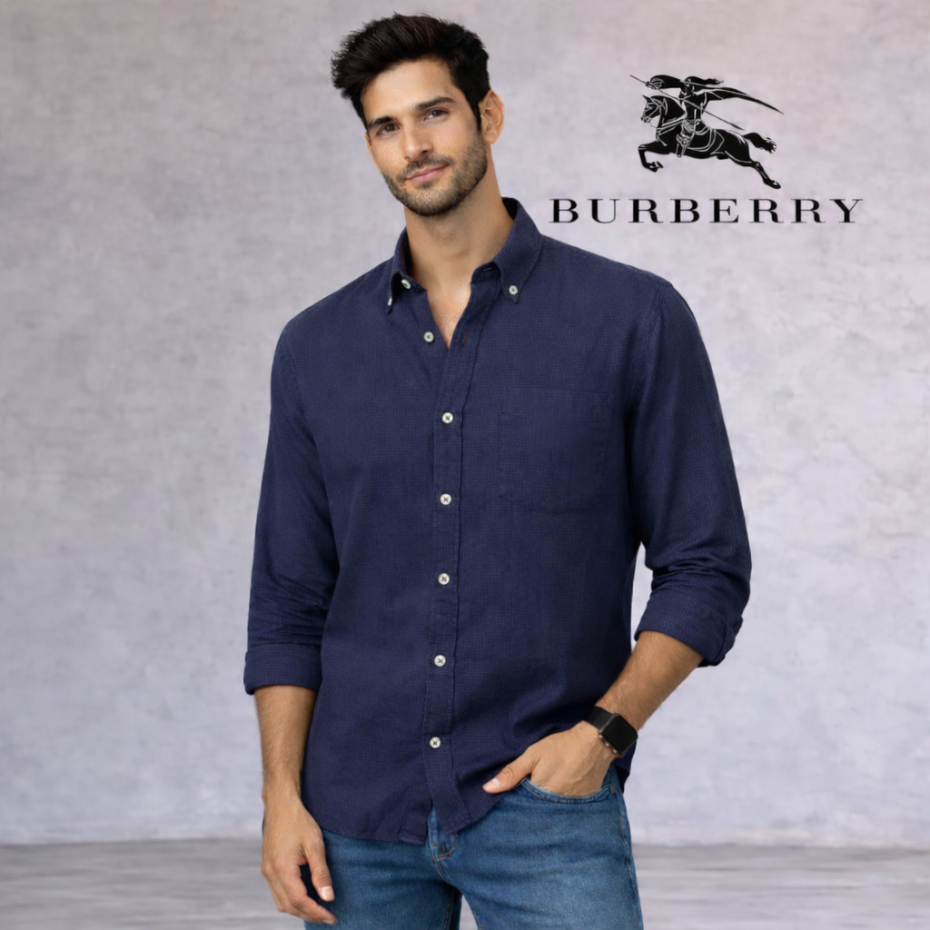 Burberry Mens Dark Blue 100% Linen Long Sleeve Shirt XL