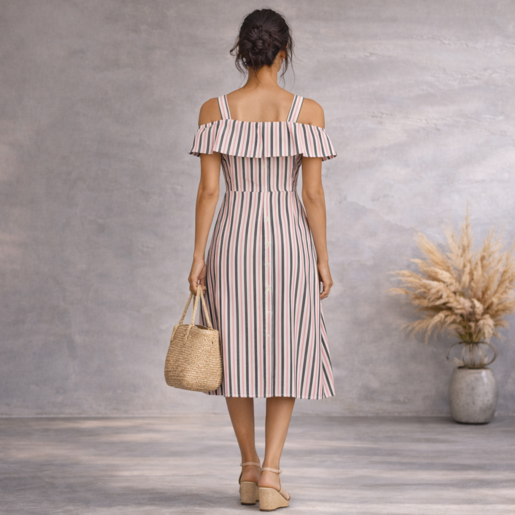 Warehouse Striped Bardot Cold Shoulder Dress UK 10