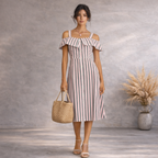 Warehouse Striped Bardot Cold Shoulder Dress UK 10