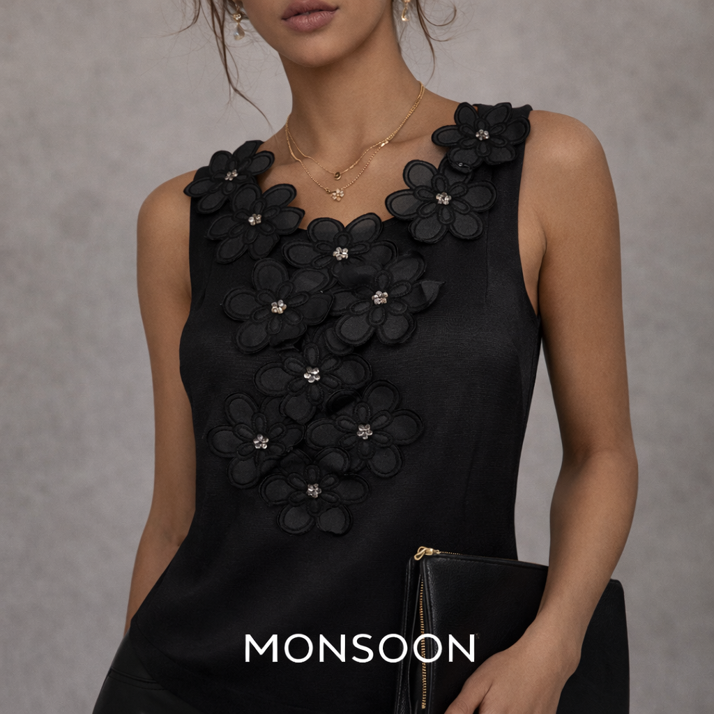 Monsoon Black Ribbed Floral Applique Sleeveless Top  UK 14