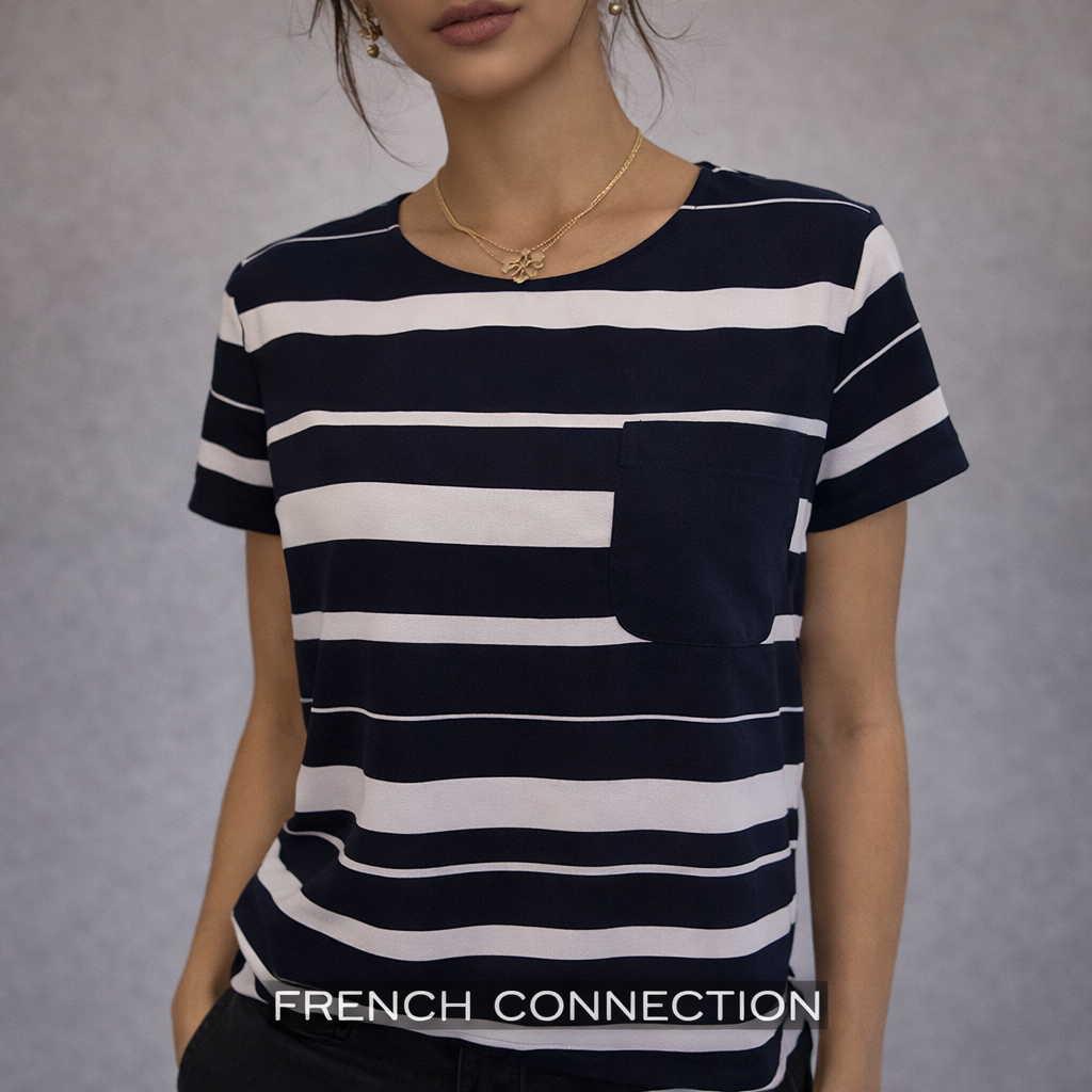 French Connection Black & White Striped Silky Top UK 12