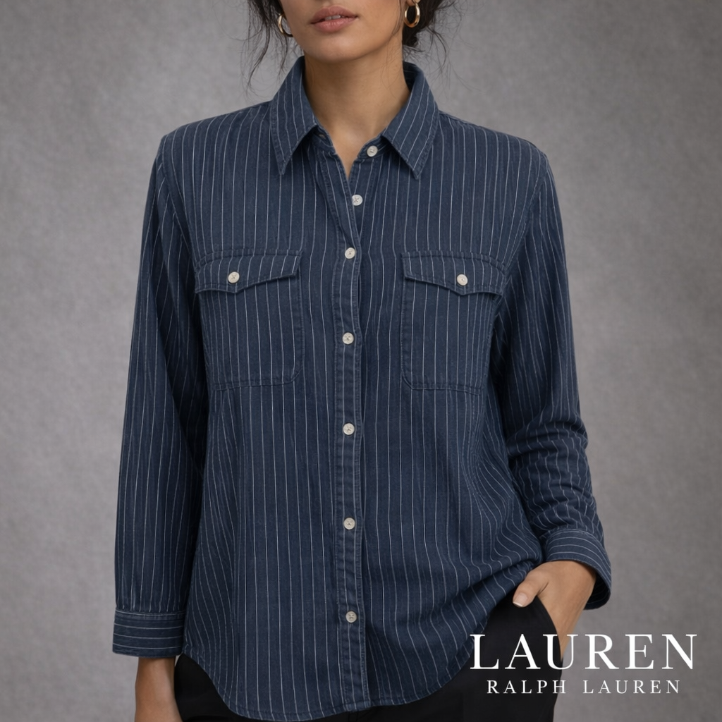 Lauren Ralph Lauren Blue Striped Linen Shirt UK 12/14