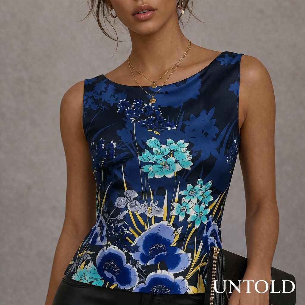 Untold Navy Blue Floral Sleeveless Silky Top UK 12