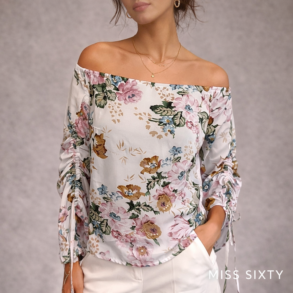 Miss Sixty Cream Chiffon Floral Long Sleeve Top UK 8