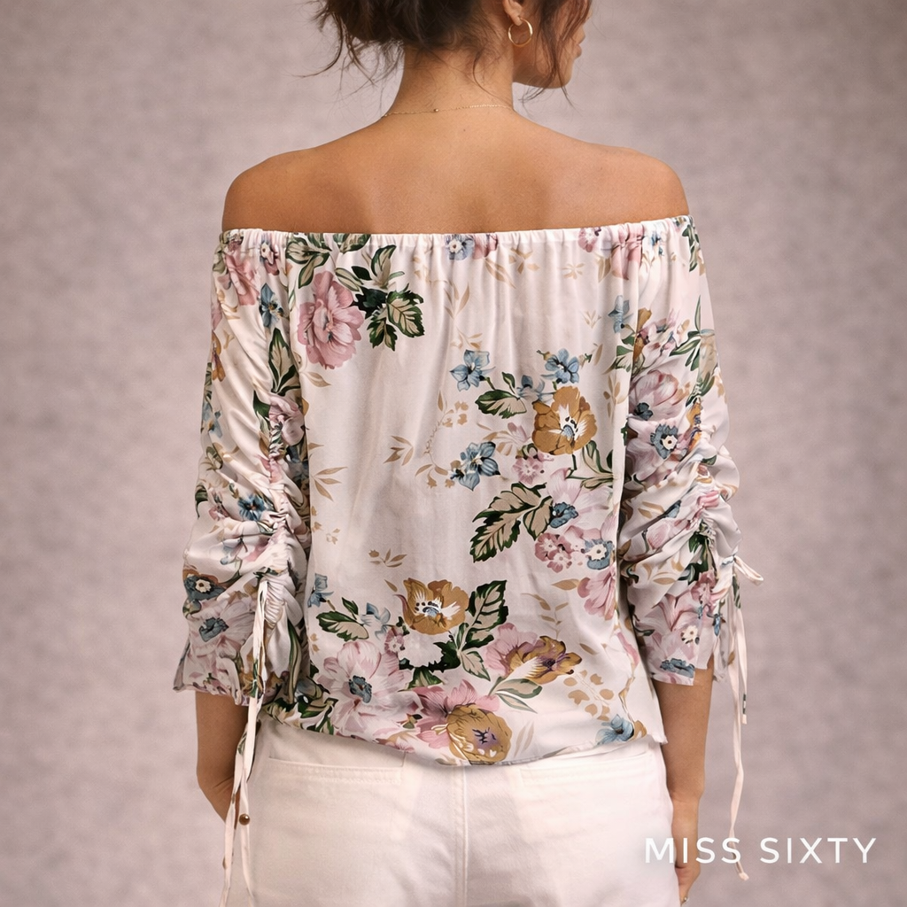 Miss Sixty Cream Chiffon Floral Long Sleeve Top UK 8