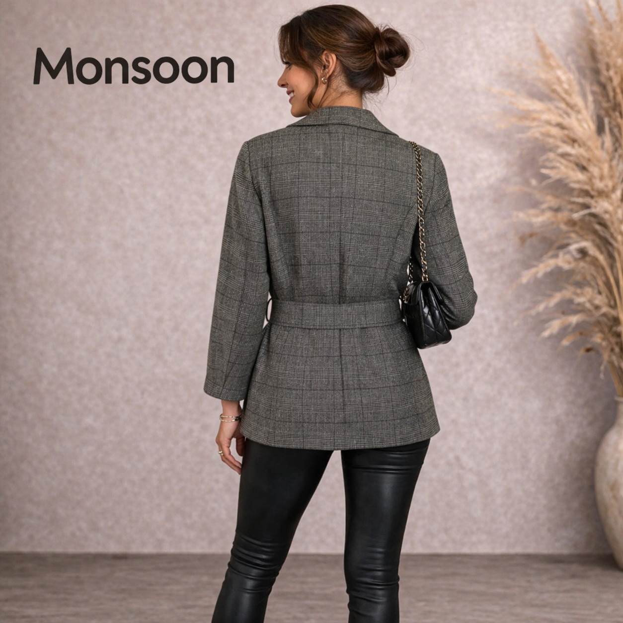 Monsoon Grey Check Tweed Wool Jacket UK 8