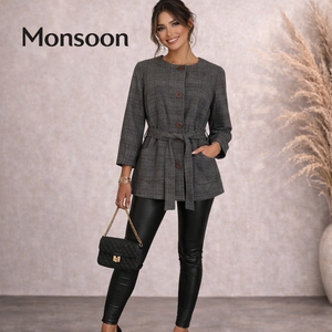 Monsoon Grey Check Tweed Wool Jacket UK 8