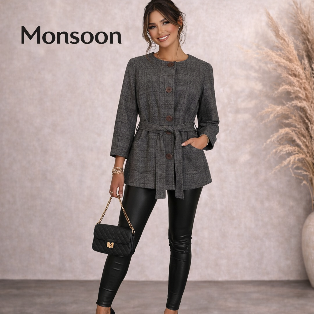 Monsoon Grey Check Tweed Wool Jacket UK 8