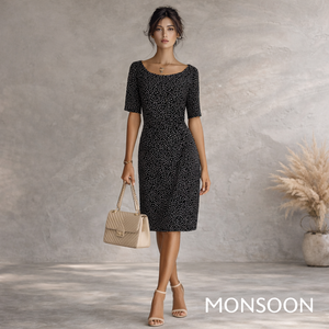 Monsoon Black & Beige Polka Dot Dress UK 10