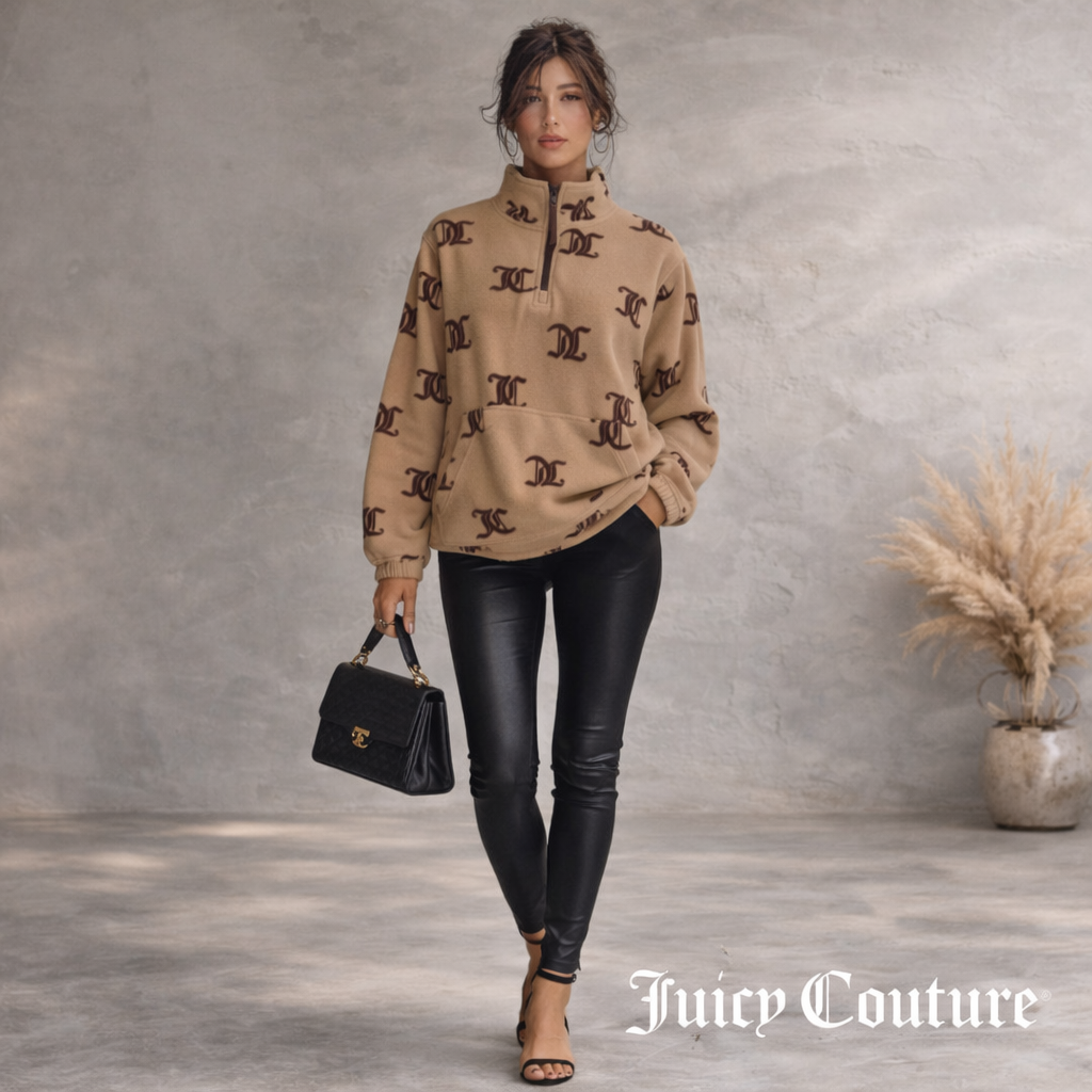 Juicy Couture Beige Brown Soft Fleece Zip Neck Top UK 12
