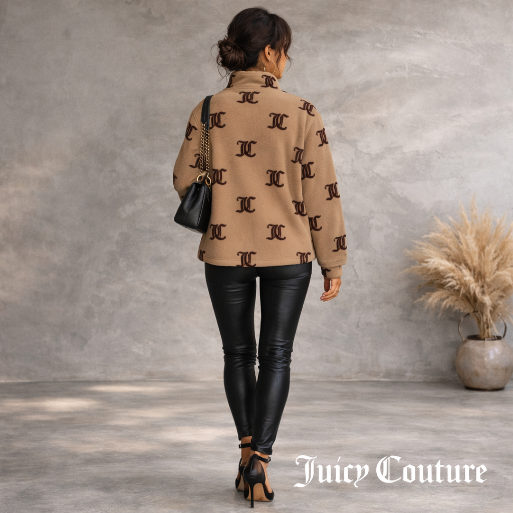Juicy Couture Beige Brown Soft Fleece Zip Neck Top UK 12