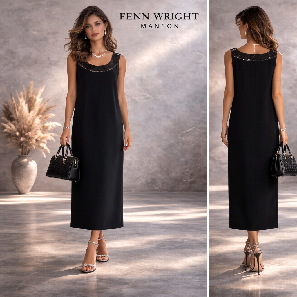 Fenn Wright Manson Black Sequin Neck Dress UK 8