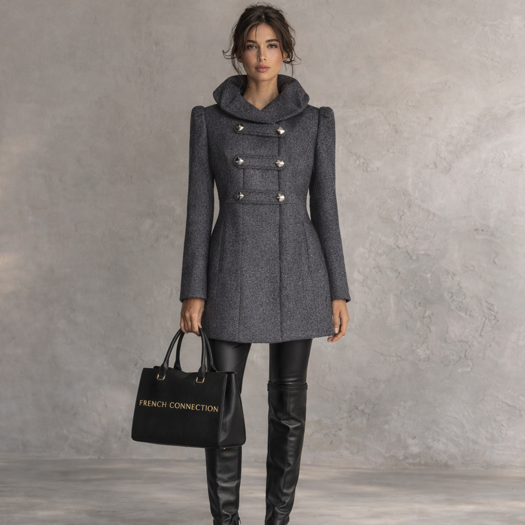 French Connection Grey Frill Collar Wool Military Style Jacket UK 8