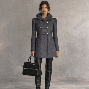 French Connection Grey Frill Collar Wool Military Style Jacket UK 8